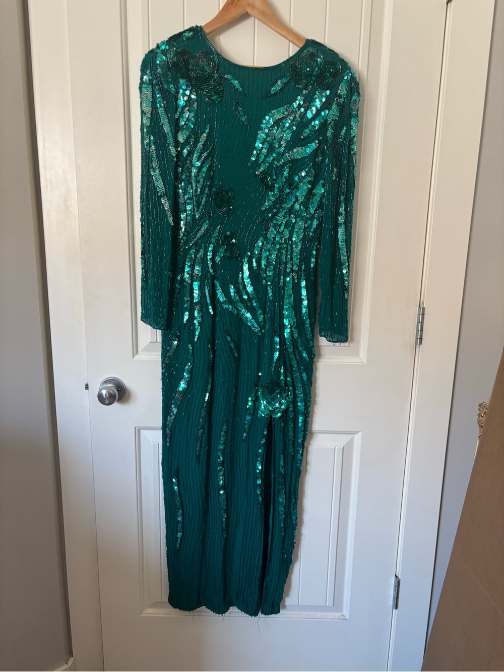 Vintage D’or by Delia Roufogali 100% Silk Emerald Beaded Sequin Evening Dress 10
